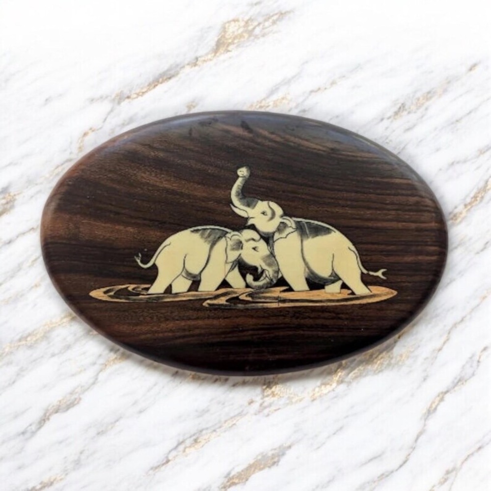 Vintage Wooden Elephant Inlay Oval Plaque